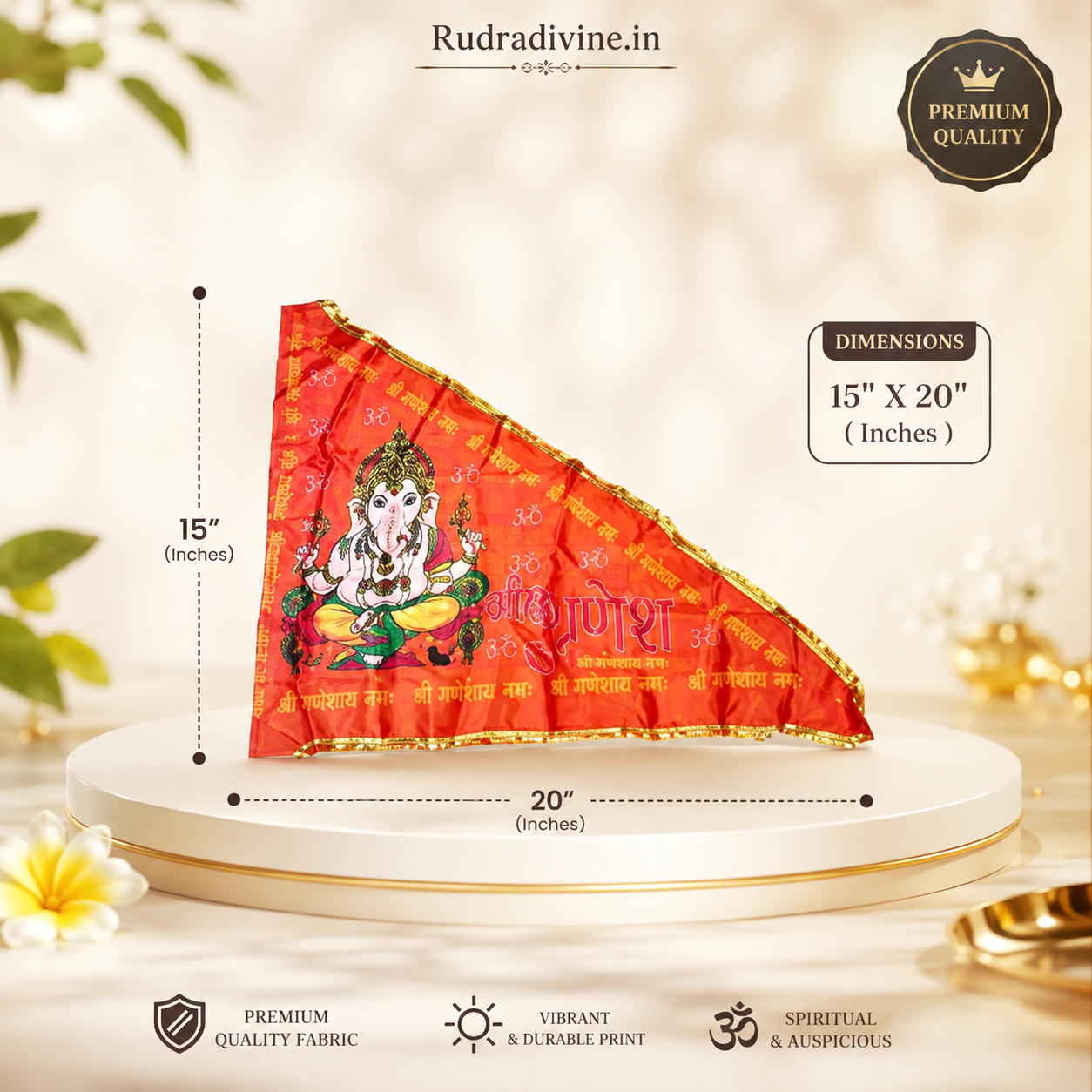 Ganesh Ji Jhanda | Ganpati Flag featuring Lord Ganesh in vibrant orange and yellow colors by Rudradivine for temples, puja, home decor and spiritual celebrations.