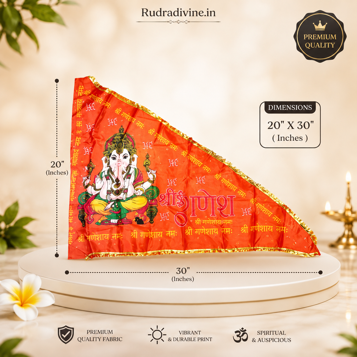 Ganesh Ji Jhanda | Ganpati Flag featuring Lord Ganesh in vibrant orange and yellow colors by Rudradivine for temples, puja, home decor and spiritual celebrations.