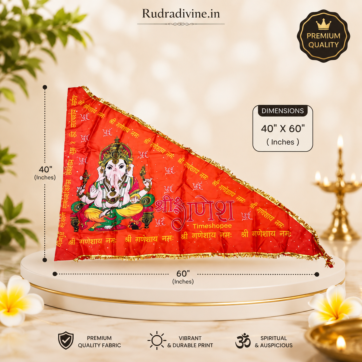 Ganesh Ji Jhanda | Ganpati Flag featuring Lord Ganesh in vibrant orange and yellow colors by Rudradivine for temples, puja, home decor and spiritual celebrations.