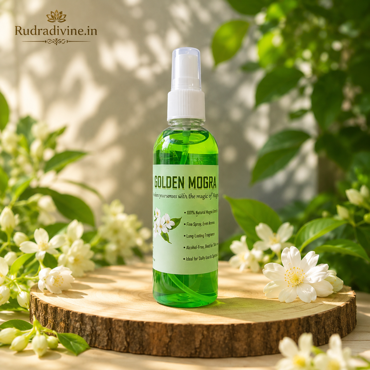 Golden Mogra Spray Attar 100ml with pure Mogra floral aroma, long-lasting fragrance, alcohol-free formula and convenient spray bottle by Rudradivine.