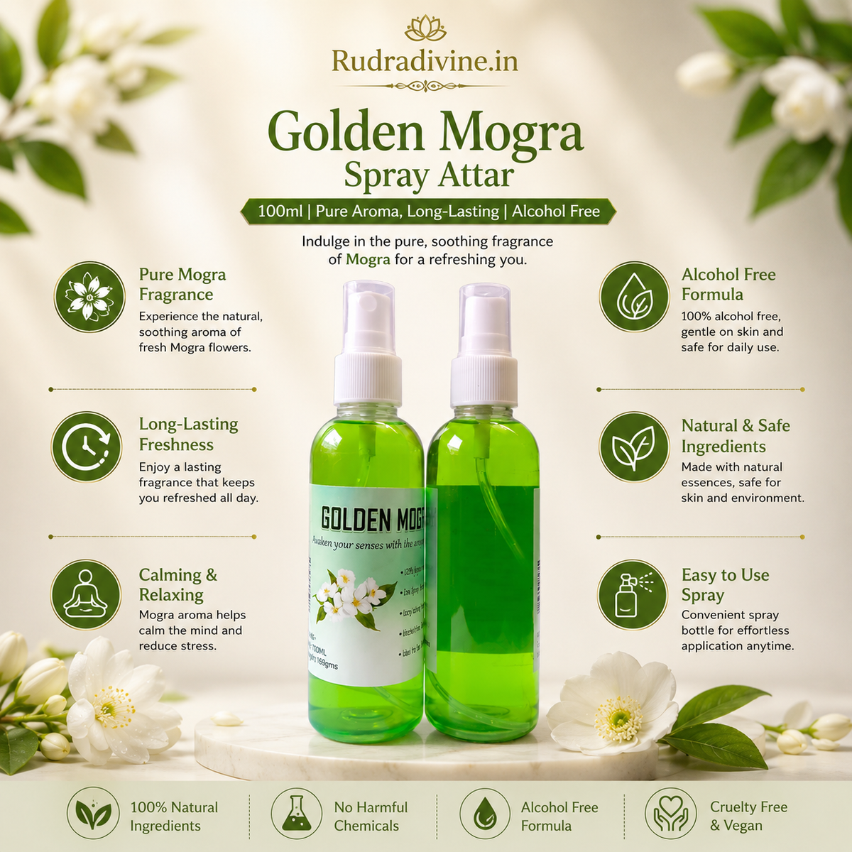 Golden Mogra Spray Attar 100ml with pure Mogra floral aroma, long-lasting fragrance, alcohol-free formula and convenient spray bottle by Rudradivine.