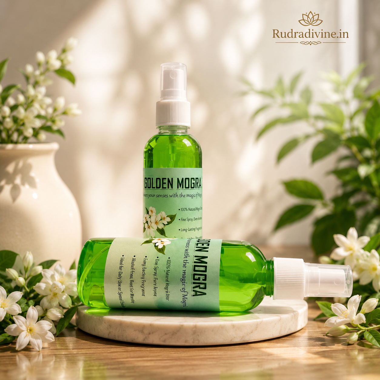 Golden Mogra Spray Attar 100ml with pure Mogra floral aroma, long-lasting fragrance, alcohol-free formula and convenient spray bottle by Rudradivine.