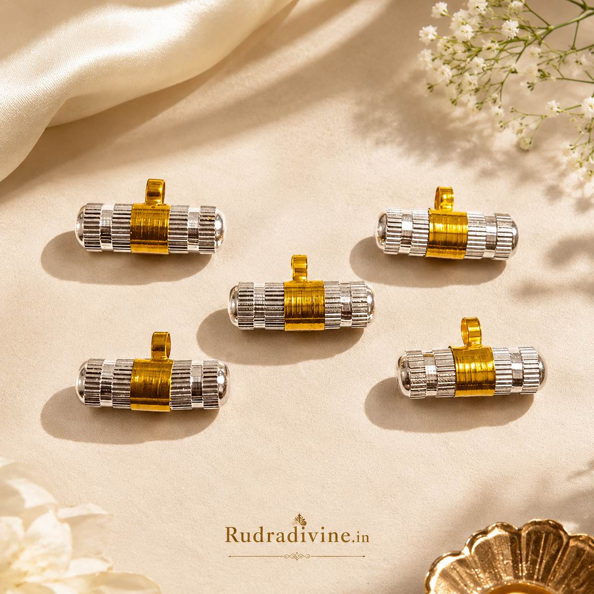 Golden & Silver Taweez with Free Bhojpatra Sheet by Rudradivine, a traditional spiritual accessory for prayer, devotion and religious practices.