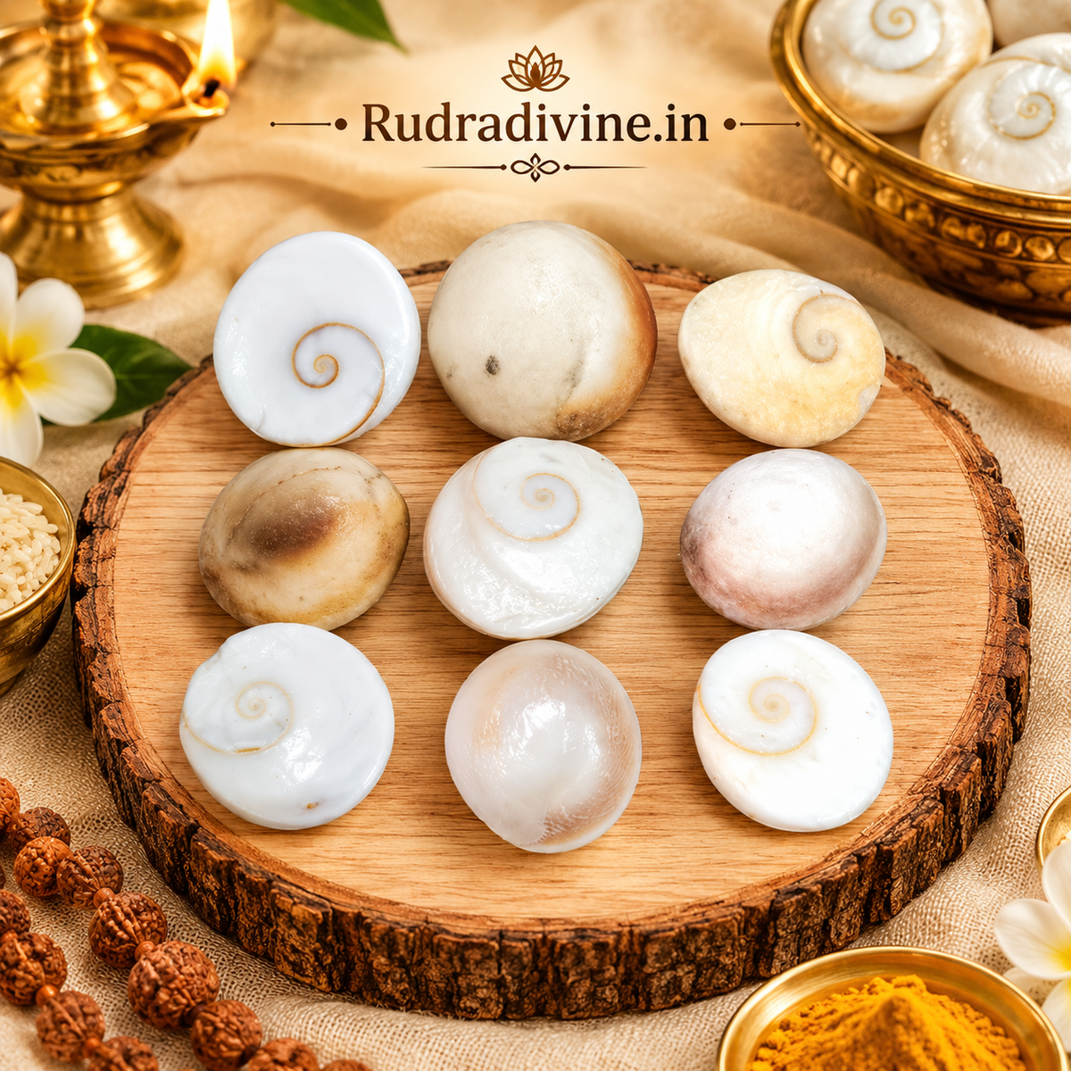 Gomti Chakra Set of 9 by Rudradivine, traditionally used for spiritual protection, positivity, worship, blessings, puja and home spiritual practices.