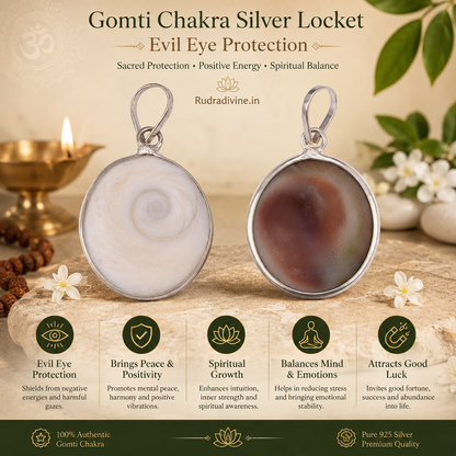 Gomti Chakra Silver Locket for traditional evil eye and nazar protection, designed as a spiritual pendant for daily wear by Rudradivine.