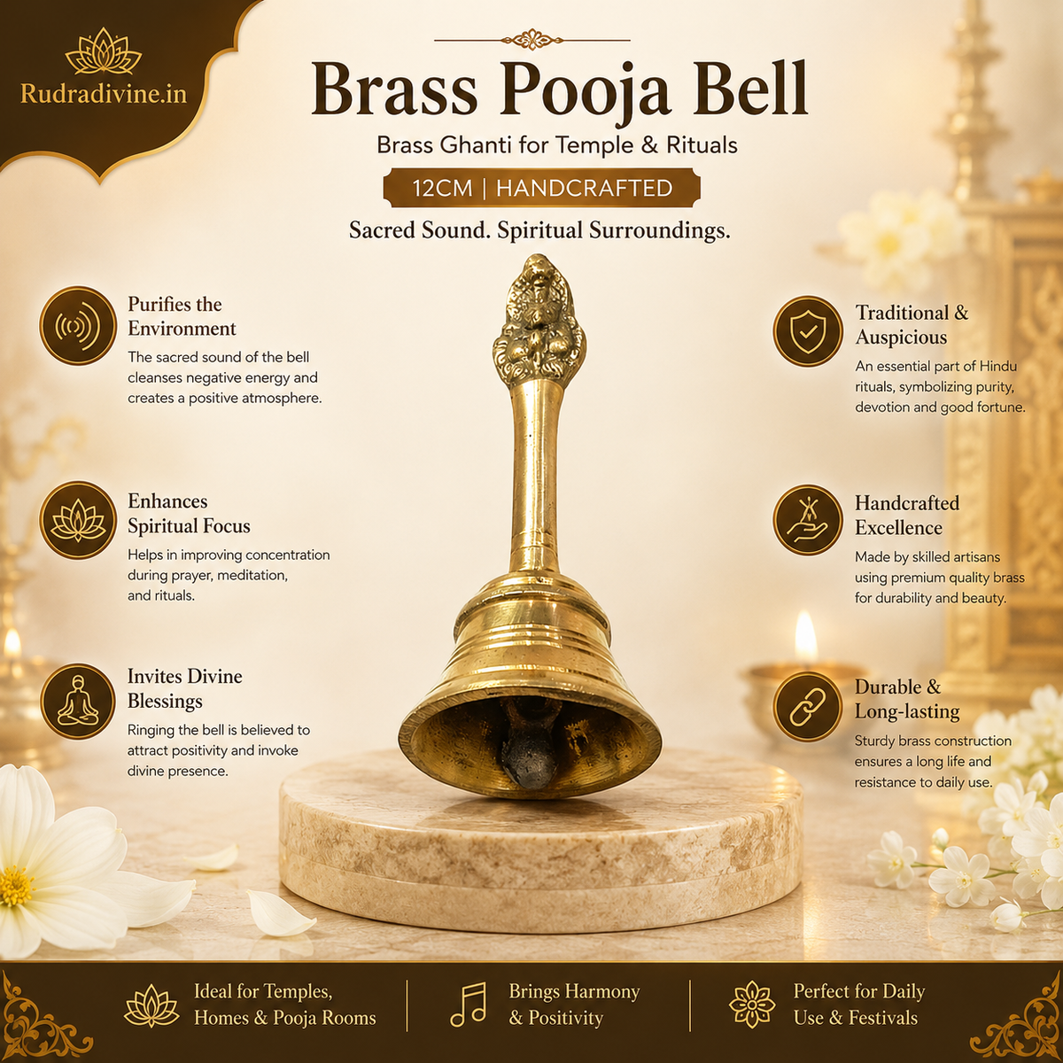 Handcrafted Brass Pooja Bell designed as a traditional Brass Ghanti for temple, daily pooja, aarti and Hindu rituals by Rudradivine.