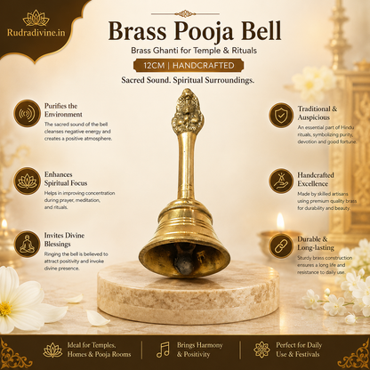 Handcrafted Brass Pooja Bell designed as a traditional Brass Ghanti for temple, daily pooja, aarti and Hindu rituals by Rudradivine.