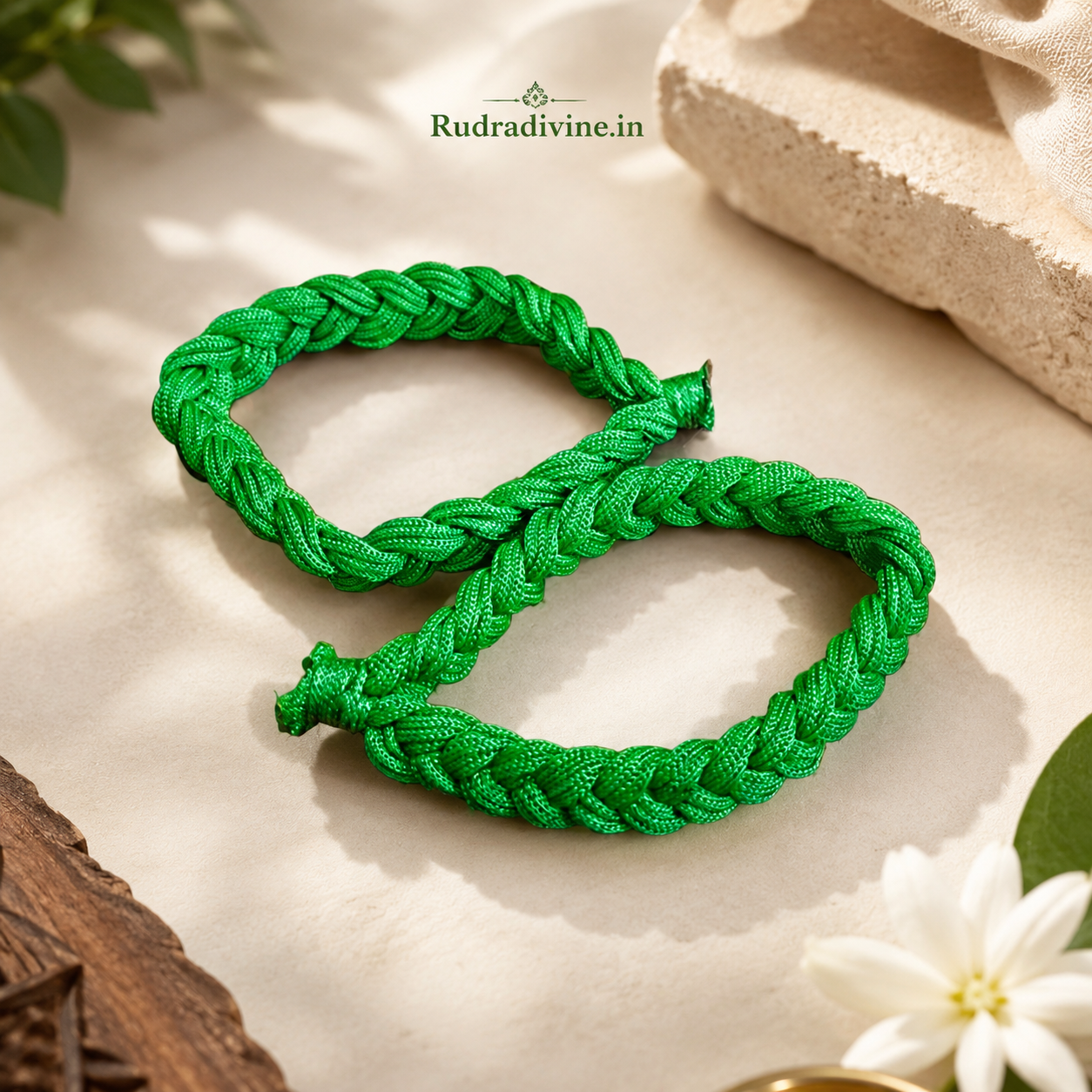 Handmade Green Thread Bracelet Set of 2 for women and men, adjustable spiritual wrist bands by Rudra Divine for daily wear, pooja and gifting.