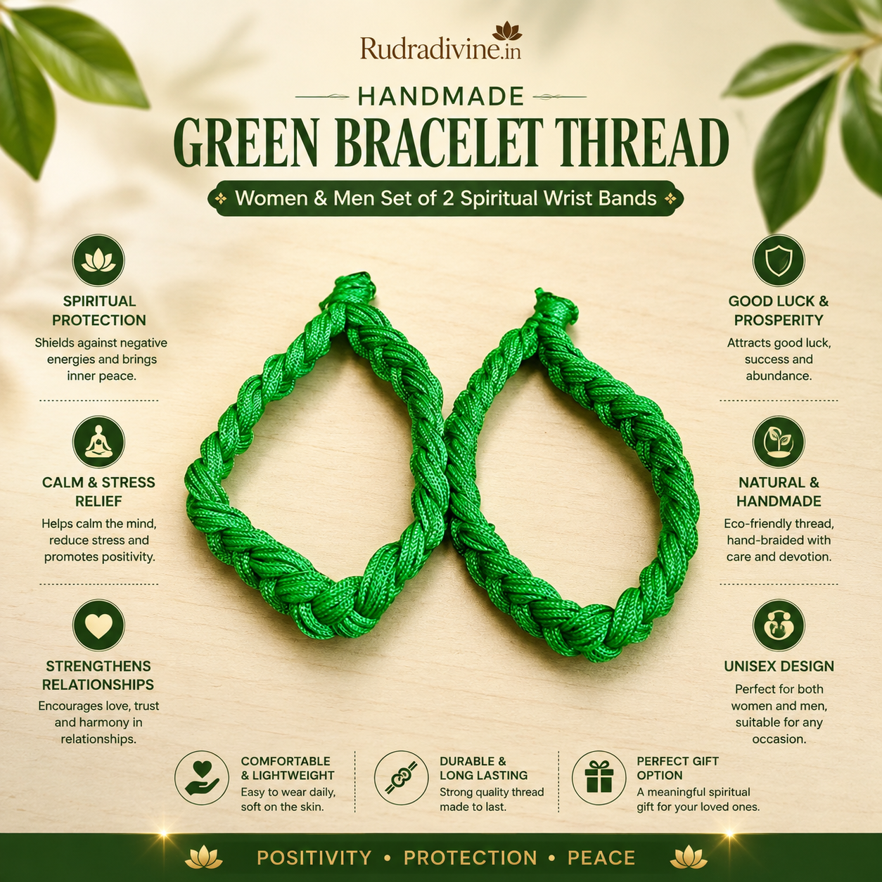 Handmade Green Thread Bracelet Set of 2 for women and men, adjustable spiritual wrist bands by Rudra Divine for daily wear, pooja and gifting.