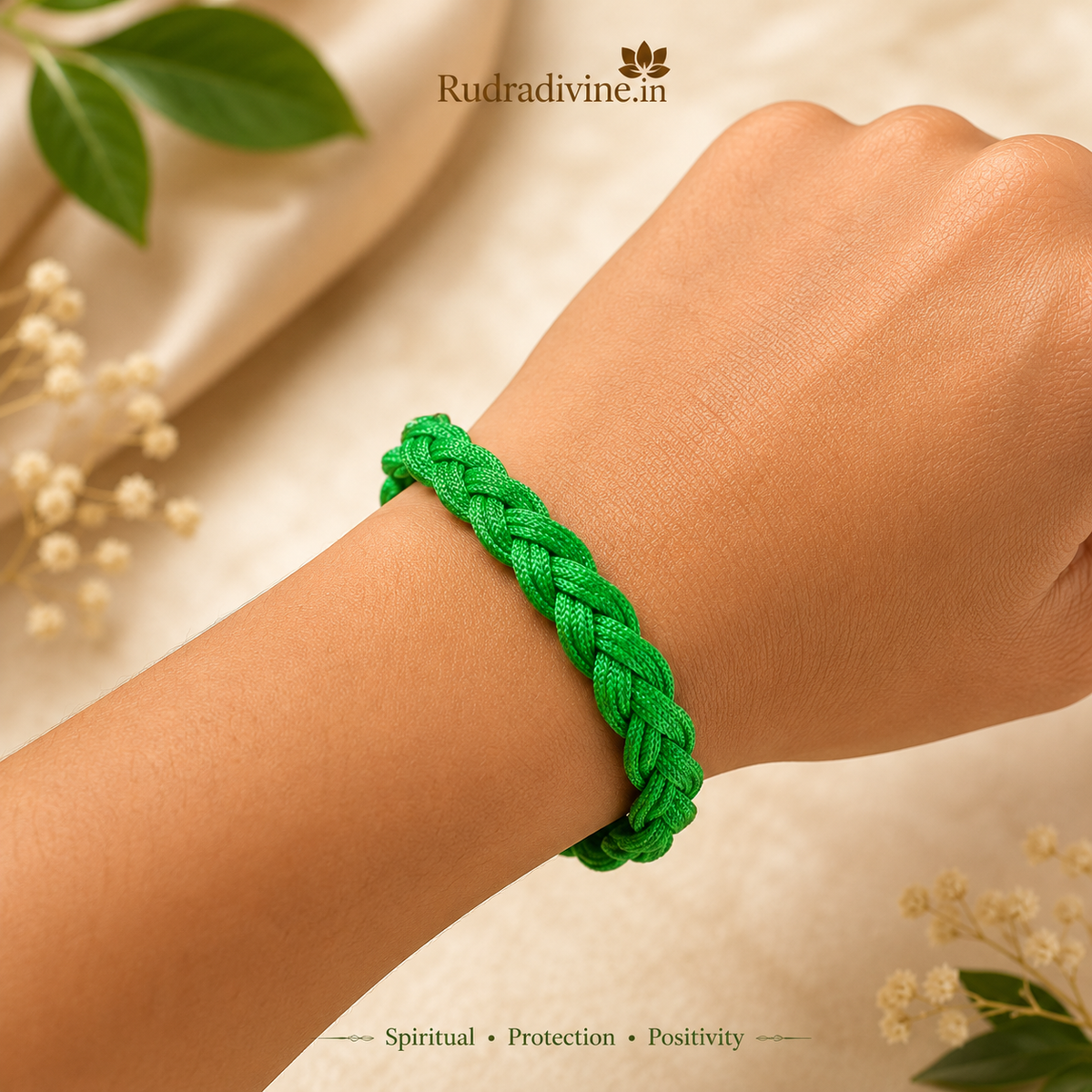Handmade Green Thread Bracelet Set of 2 for women and men, adjustable spiritual wrist bands by Rudra Divine for daily wear, pooja and gifting.