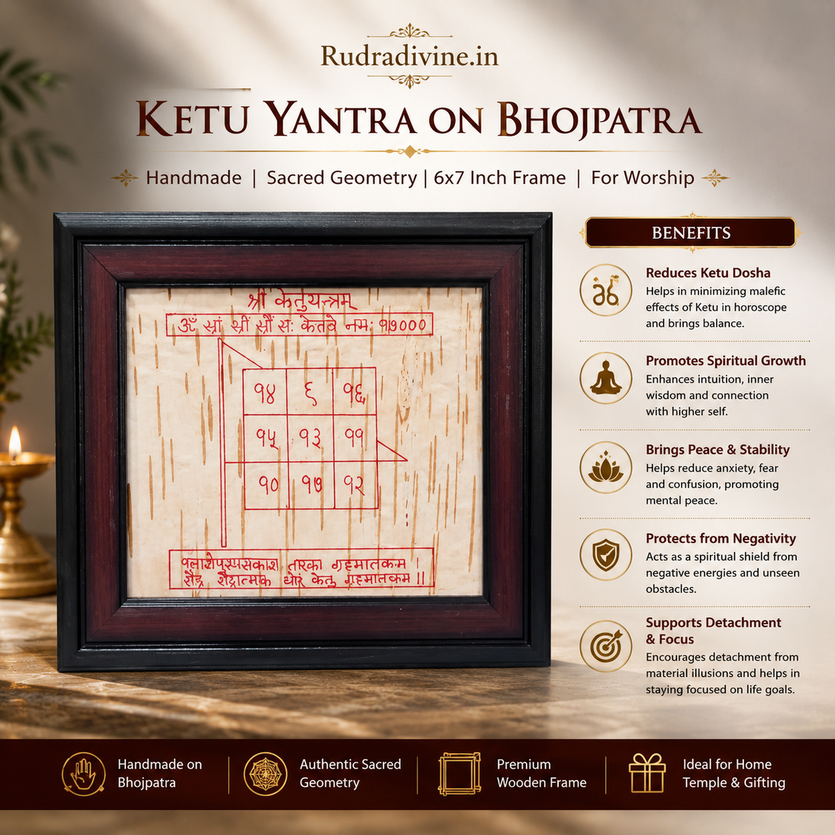 Ketu Yantra on Bhojpatra handmade with premium 6x7 inch frame by Rudradivine for Ketu dosh remedies, spiritual worship, meditation, protection and peace.