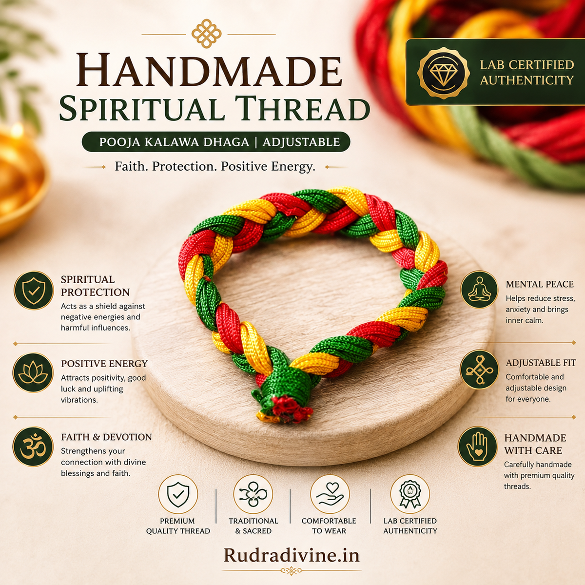 Handmade Pooja Kalawa Dhaga adjustable spiritual bracelet, lab certified by Rudradivine for traditional worship, rituals, and daily spiritual wear.