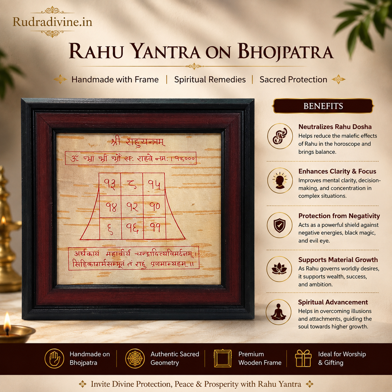 Rahu Yantra on Bhojpatra handmade with premium 6x7 inch frame by Rudradivine for Rahu dosh remedies, protection, meditation, peace and spiritual growth.