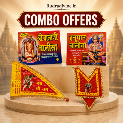 Combo Hanuman and Balaji Chalisa with Hanuman Ji Flag and Chola by Rudradivine for puja, prayer, home temple decoration, devotional worship, and religious occasions.