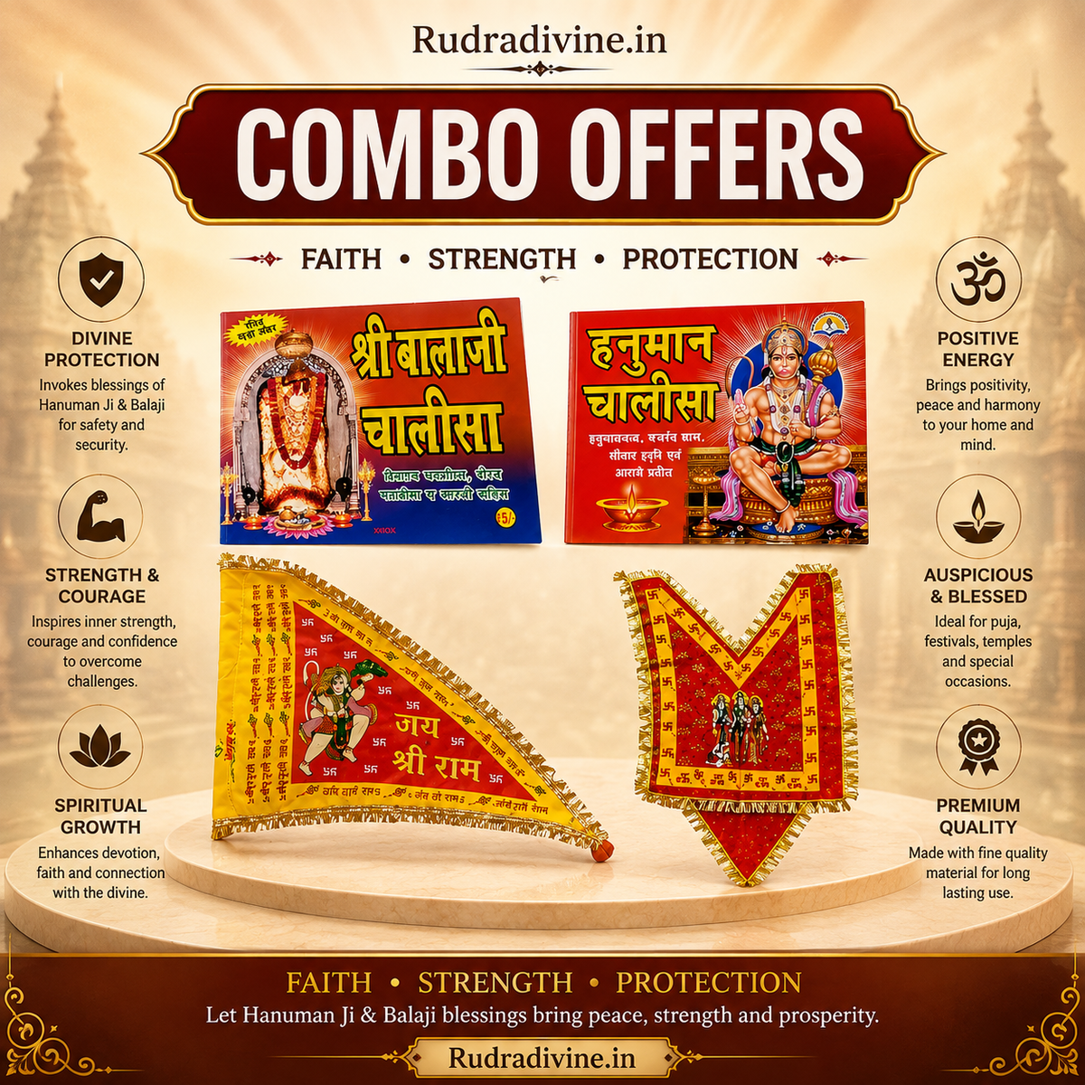 Combo Hanuman and Balaji Chalisa with Hanuman Ji Flag and Chola by Rudradivine for puja, prayer, home temple decoration, devotional worship, and religious occasions.