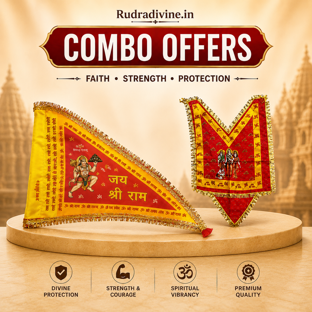 Combo Hanuman and Balaji Chalisa with Hanuman Ji Flag and Chola by Rudradivine for puja, prayer, home temple decoration, devotional worship, and religious occasions.