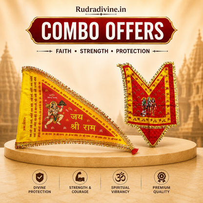Combo Hanuman and Balaji Chalisa with Hanuman Ji Flag and Chola by Rudradivine for puja, prayer, home temple decoration, devotional worship, and religious occasions.