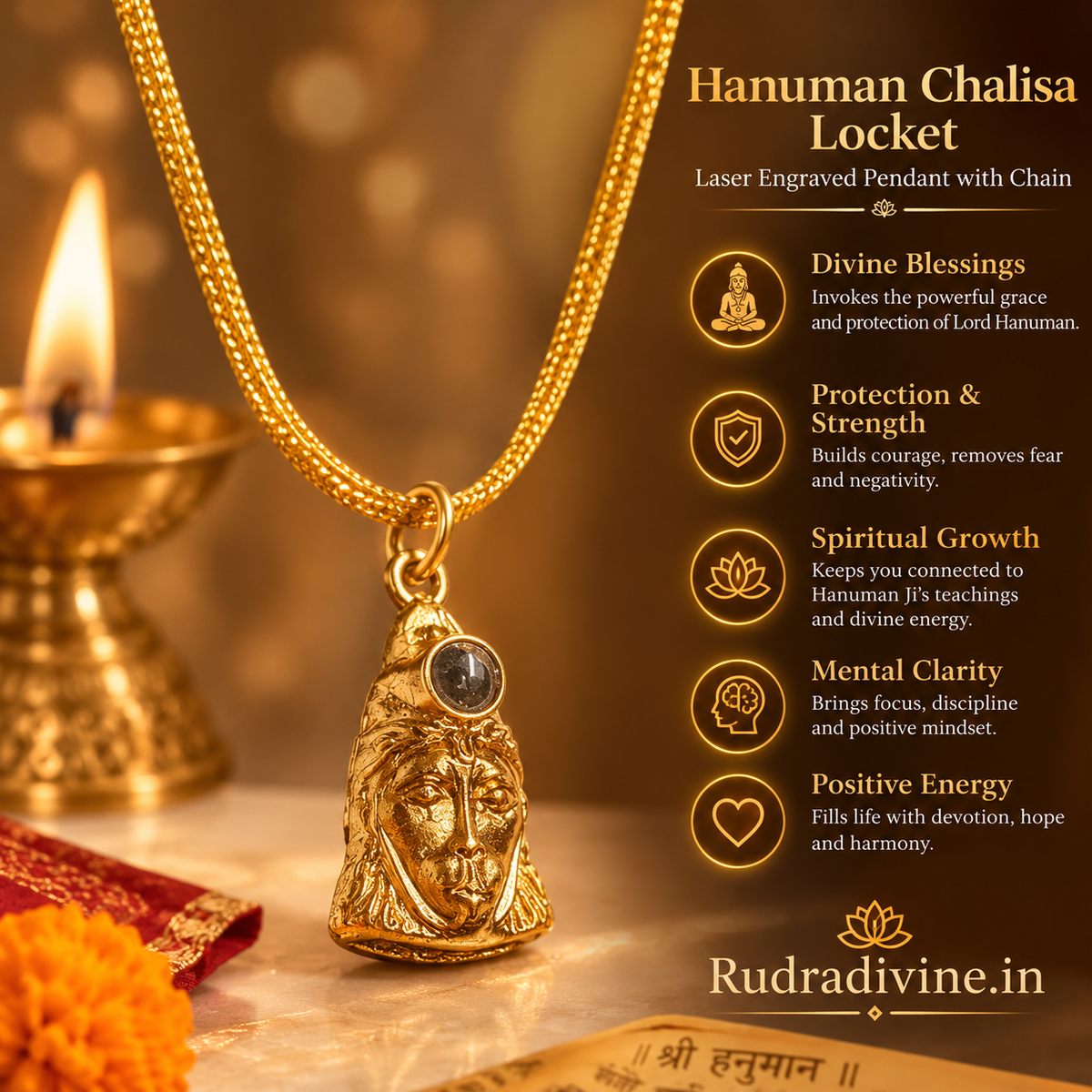 Hanuman Chalisa Locket with laser engraved pendant and chain by Rudradivine, designed for devotion, prayer, spiritual practices and everyday religious wear.