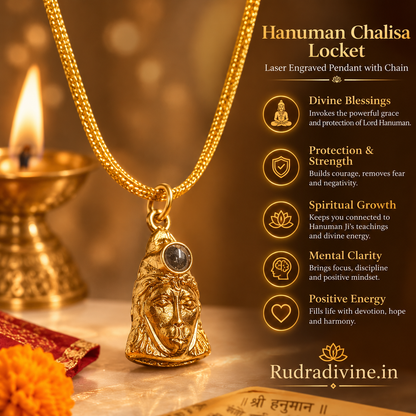Hanuman Chalisa Locket with laser engraved pendant and chain by Rudradivine, designed for devotion, prayer, spiritual practices and everyday religious wear.