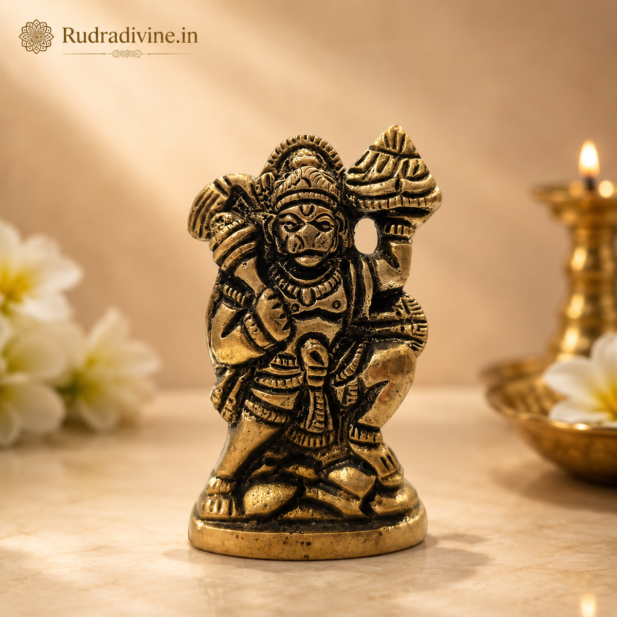 Hanuman Ji Brass Idol carrying the Sanjeevani Mountain with official Lab Certificate by Rudradivine for home pooja, protection, devotion and spiritual décor.