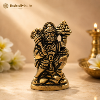 Hanuman Ji Brass Idol carrying the Sanjeevani Mountain with official Lab Certificate by Rudradivine for home pooja, protection, devotion and spiritual décor.