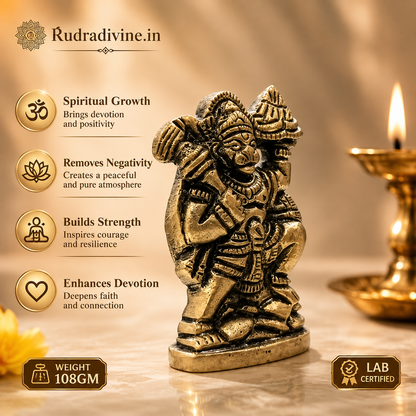 Hanuman Ji Brass Idol carrying the Sanjeevani Mountain with official Lab Certificate by Rudradivine for home pooja, protection, devotion and spiritual décor.