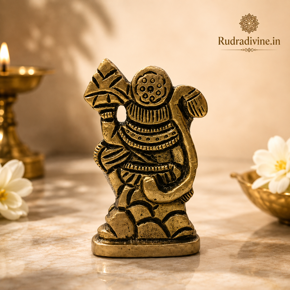 Hanuman Ji Brass Idol carrying the Sanjeevani Mountain with official Lab Certificate by Rudradivine for home pooja, protection, devotion and spiritual décor.