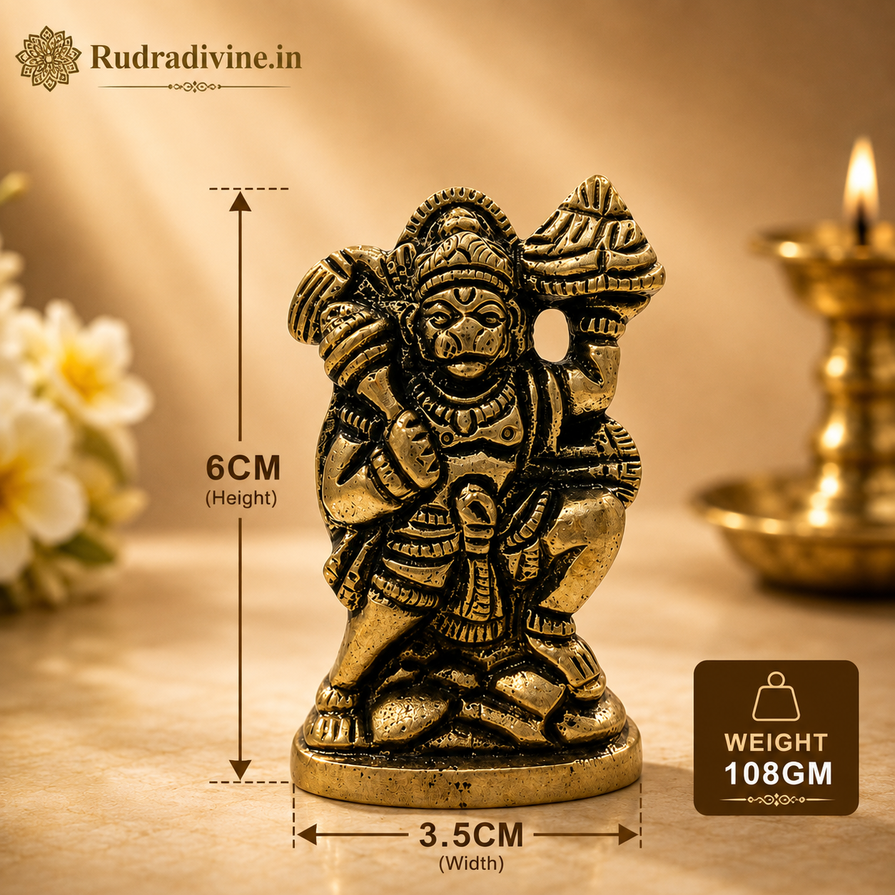 Hanuman Ji Brass Idol carrying the Sanjeevani Mountain with official Lab Certificate by Rudradivine for home pooja, protection, devotion and spiritual décor.