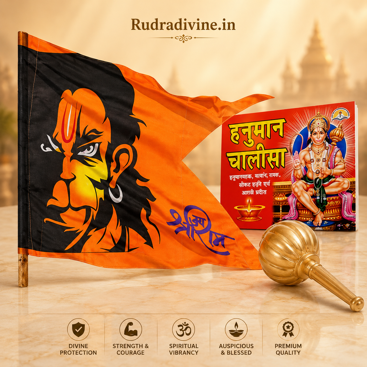 Hanuman Ji Flag with Hanuman Chalisa and Gada Locket devotional combo by Rudradivine for Hanuman worship, puja, prayer, home temple decoration, and religious occasions.