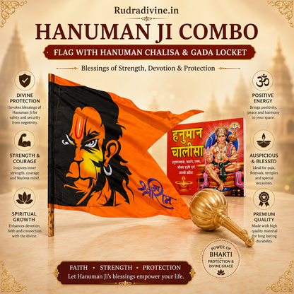 Hanuman Ji Flag with Hanuman Chalisa and Gada Locket devotional combo by Rudradivine for Hanuman worship, puja, prayer, home temple decoration, and religious occasions.