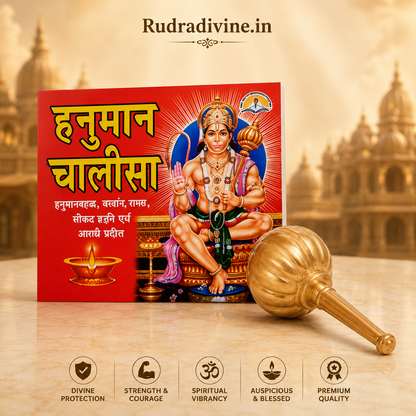 Hanuman Ji Flag with Hanuman Chalisa and Gada Locket devotional combo by Rudradivine for Hanuman worship, puja, prayer, home temple decoration, and religious occasions.