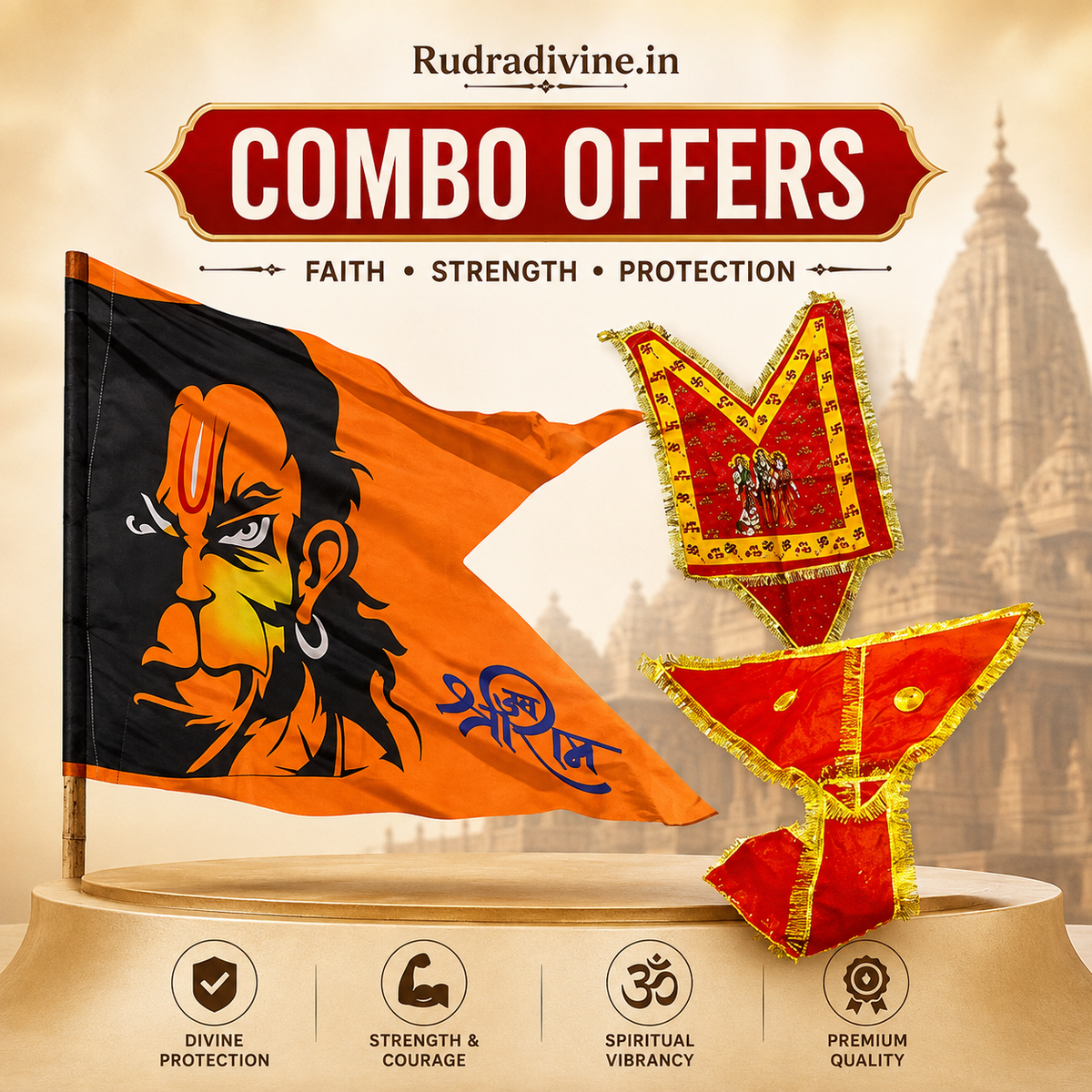 Hanuman Ji Flag with Chola Langot Combo devotional set by Rudradivine for Hanuman worship, puja rituals, home temple decoration, and religious occasions.
