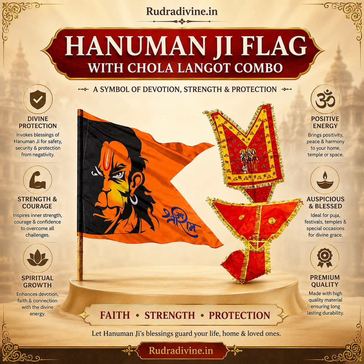 Hanuman Ji Flag with Chola Langot Combo devotional set by Rudradivine for Hanuman worship, puja rituals, home temple decoration, and religious occasions.