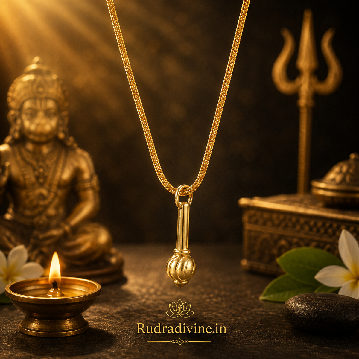 Hanuman Ji Gada Locket with Gold Chain by Rudradivine, featuring the sacred Hanuman gada symbol for devotion, spiritual protection, courage and blessings.