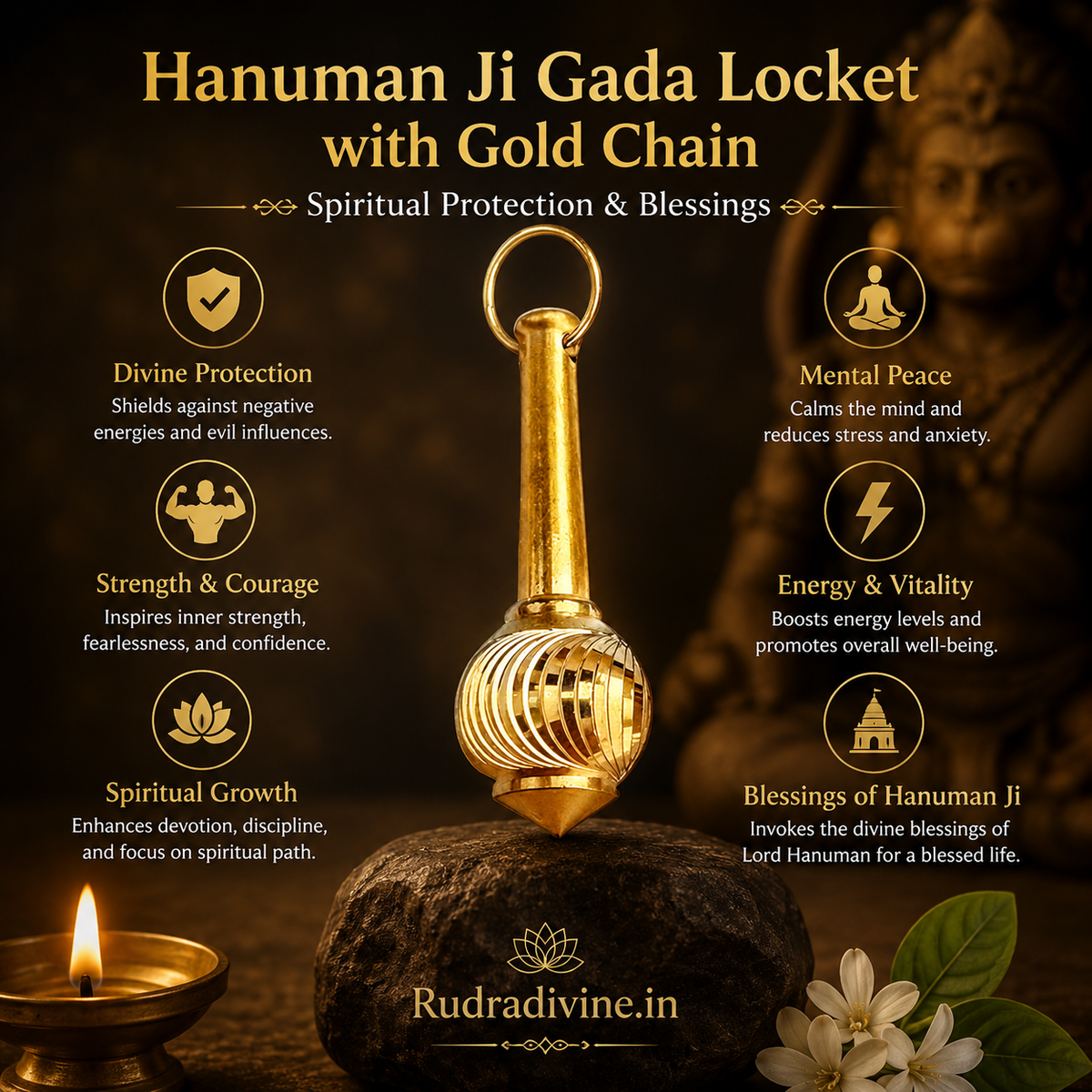 Hanuman Ji Gada Locket with Gold Chain by Rudradivine, featuring the sacred Hanuman gada symbol for devotion, spiritual protection, courage and blessings.