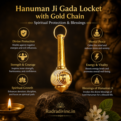 Hanuman Ji Gada Locket with Gold Chain by Rudradivine, featuring the sacred Hanuman gada symbol for devotion, spiritual protection, courage and blessings.