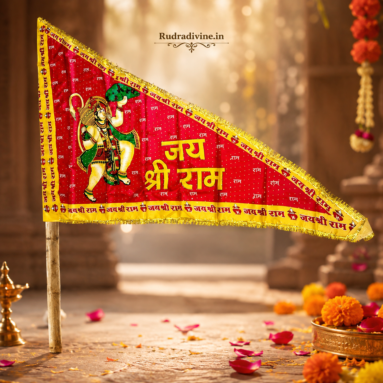 Hanuman Ji Jhanda featuring Jai Shri Ram devotional design in traditional Bhagwa Dhwaja style by Rudradivine, suitable for temple, home mandir, puja, religious events, festivals, and devotional decoration.