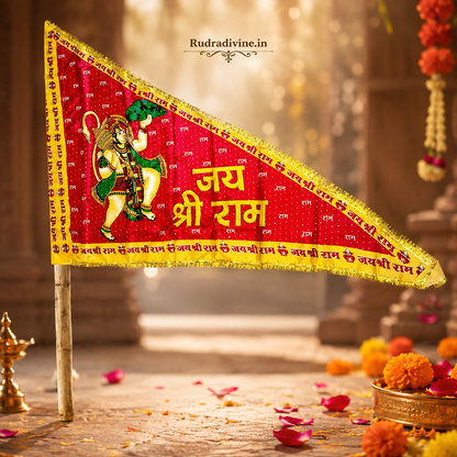 Hanuman Ji Jhanda featuring Jai Shri Ram devotional design in traditional Bhagwa Dhwaja style by Rudradivine, suitable for temple, home mandir, puja, religious events, festivals, and devotional decoration.