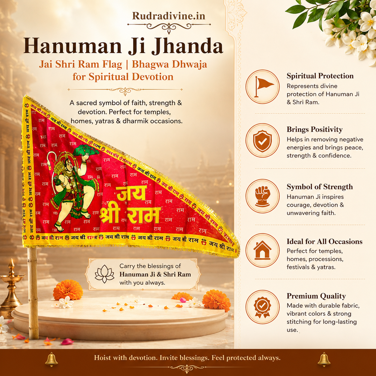 Hanuman Ji Jhanda featuring Jai Shri Ram devotional design in traditional Bhagwa Dhwaja style by Rudradivine, suitable for temple, home mandir, puja, religious events, festivals, and devotional decoration.