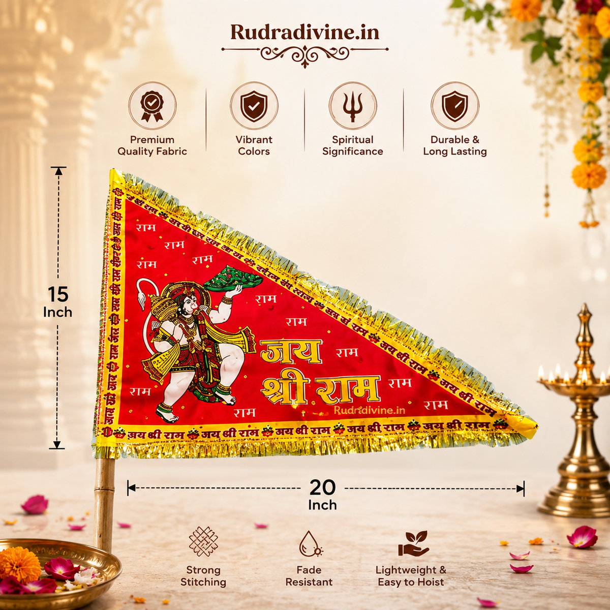 Hanuman Ji Jhanda featuring Jai Shri Ram devotional design in traditional Bhagwa Dhwaja style by Rudradivine, suitable for temple, home mandir, puja, religious events, festivals, and devotional decoration.