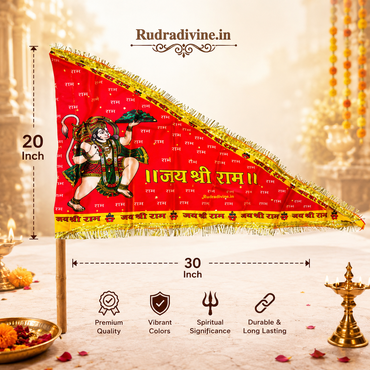 Hanuman Ji Jhanda featuring Jai Shri Ram devotional design in traditional Bhagwa Dhwaja style by Rudradivine, suitable for temple, home mandir, puja, religious events, festivals, and devotional decoration.