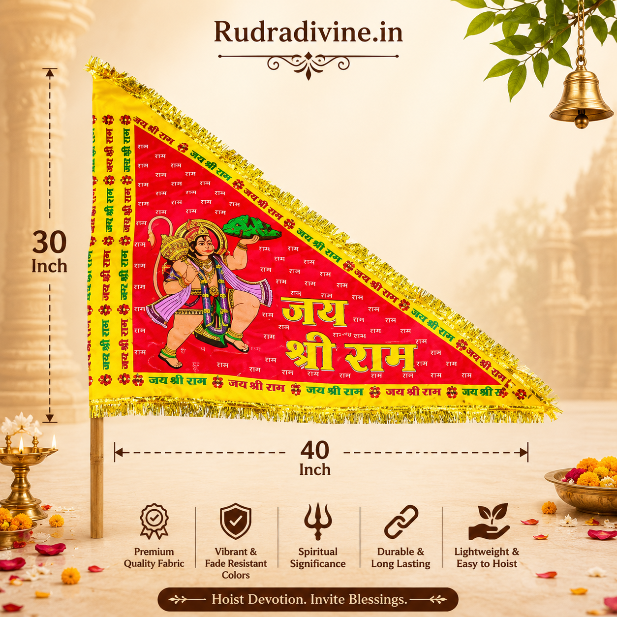 Hanuman Ji Jhanda featuring Jai Shri Ram devotional design in traditional Bhagwa Dhwaja style by Rudradivine, suitable for temple, home mandir, puja, religious events, festivals, and devotional decoration.