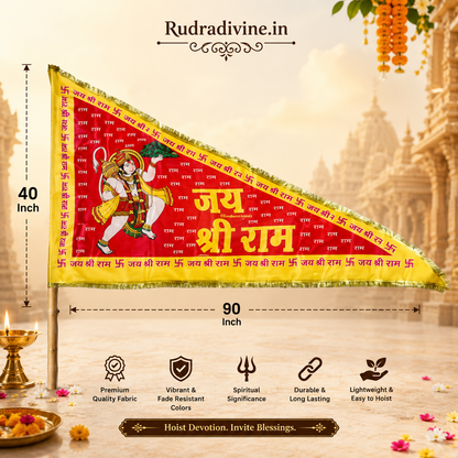 Hanuman Ji Jhanda featuring Jai Shri Ram devotional design in traditional Bhagwa Dhwaja style by Rudradivine, suitable for temple, home mandir, puja, religious events, festivals, and devotional decoration.