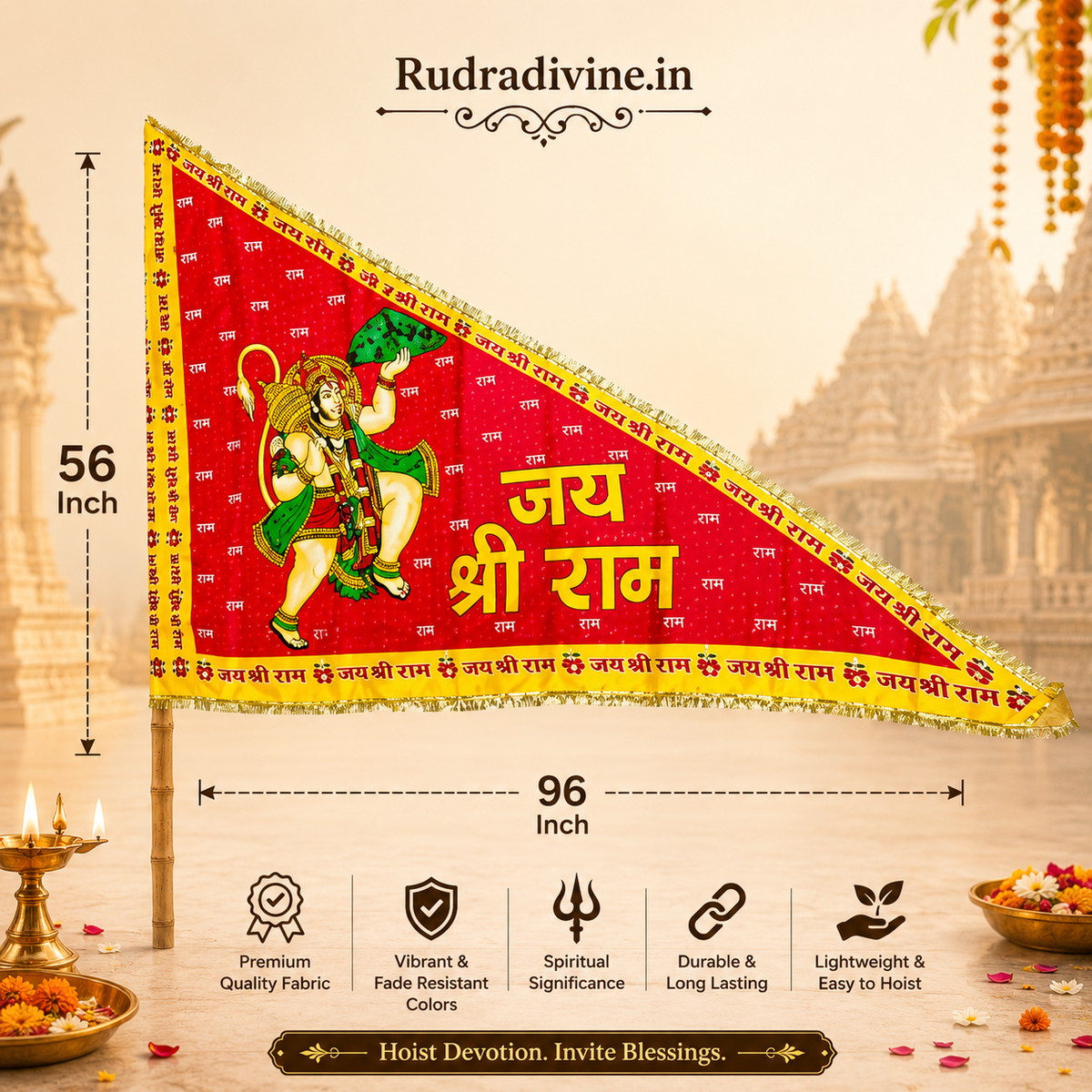 Hanuman Ji Jhanda featuring Jai Shri Ram devotional design in traditional Bhagwa Dhwaja style by Rudradivine, suitable for temple, home mandir, puja, religious events, festivals, and devotional decoration.