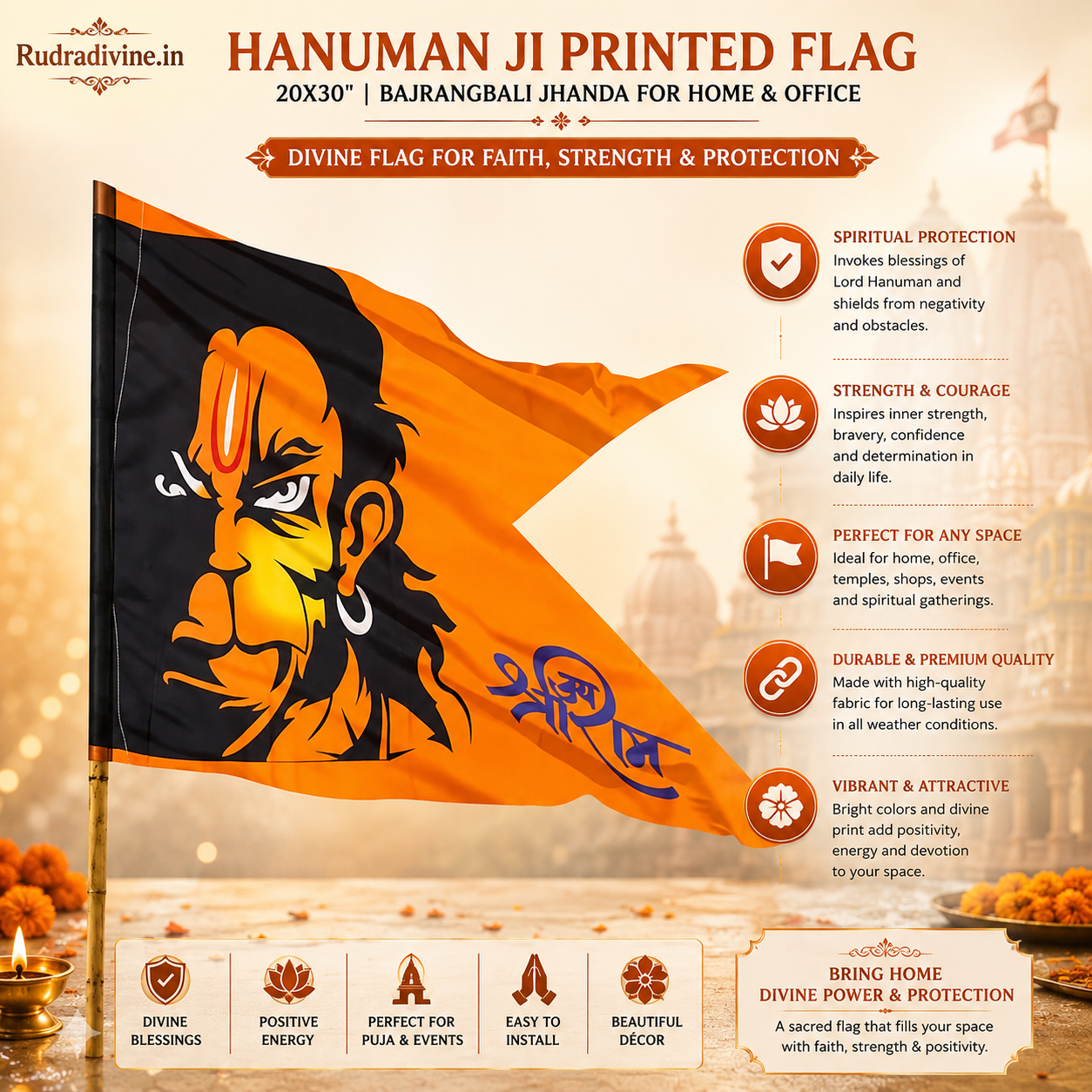 Hanuman Ji Printed Flag 20X30 inches featuring Bajrangbali devotional design for home, office, puja, mandir, religious events and spiritual decor by Rudradivine.