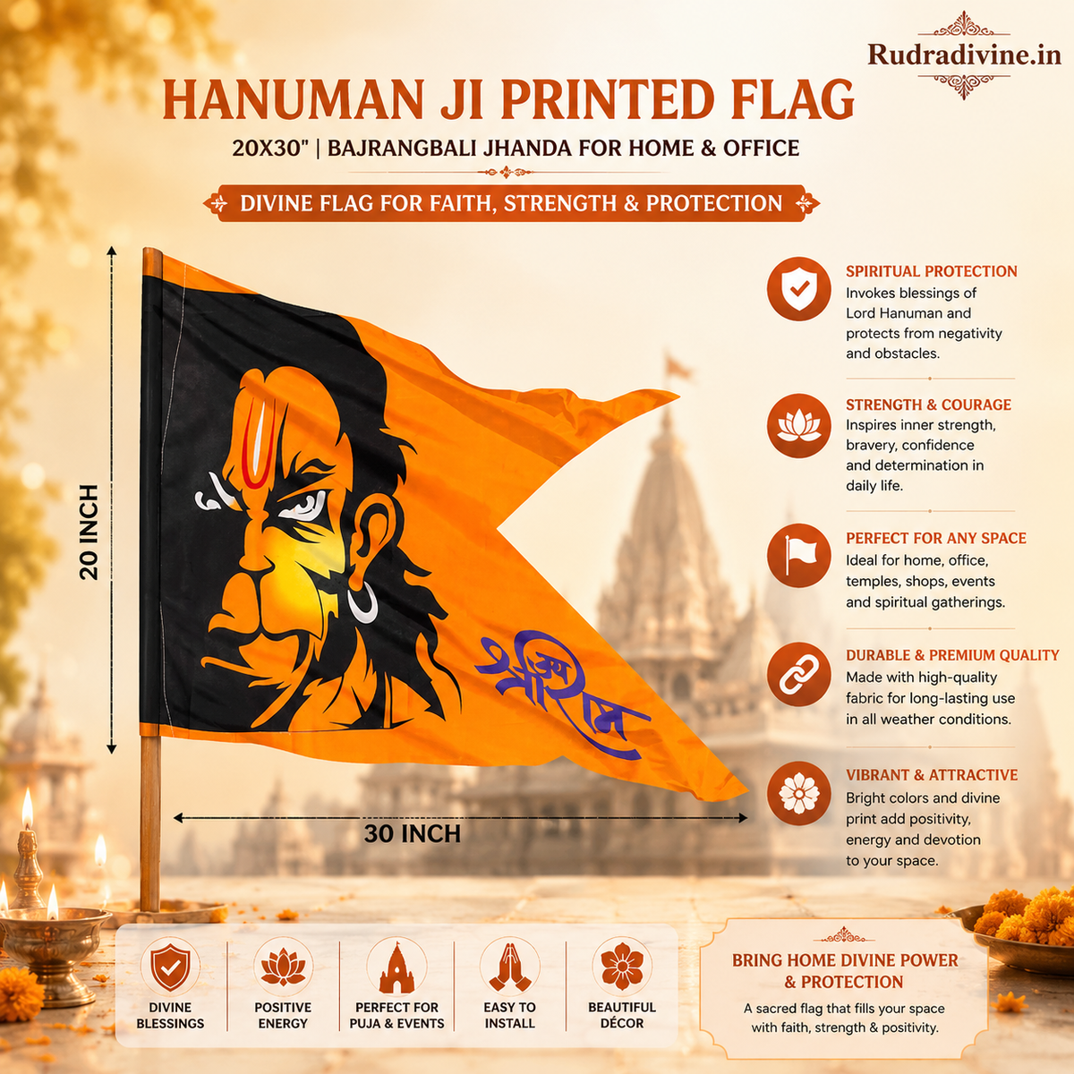 Hanuman Ji Printed Flag 20X30 inches featuring Bajrangbali devotional design for home, office, puja, mandir, religious events and spiritual decor by Rudradivine.