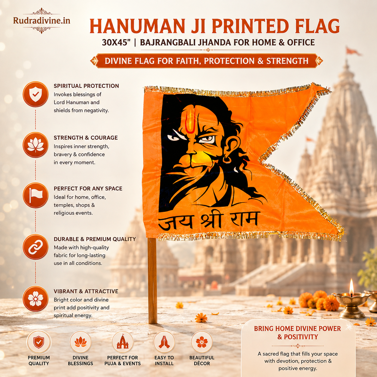 Hanuman Ji Printed Flag 30X45 inches featuring Bajrangbali devotional design for home, office, puja, mandir, religious events and spiritual decor by Rudradivine.