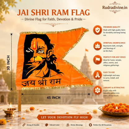 Hanuman Ji Printed Flag 30X45 inches featuring Bajrangbali devotional design for home, office, puja, mandir, religious events and spiritual decor by Rudradivine.
