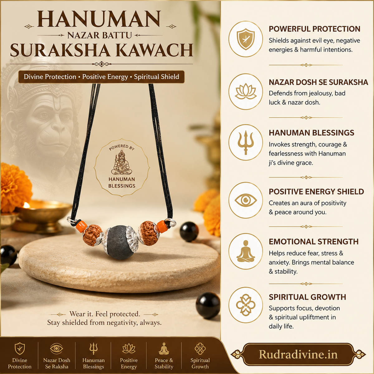 Hanuman Nazar Battu Suraksha Kawach by Rudradivine, traditionally associated with Lord Hanuman, spiritual protection, Nazar protection, courage and divine blessings for men and women.