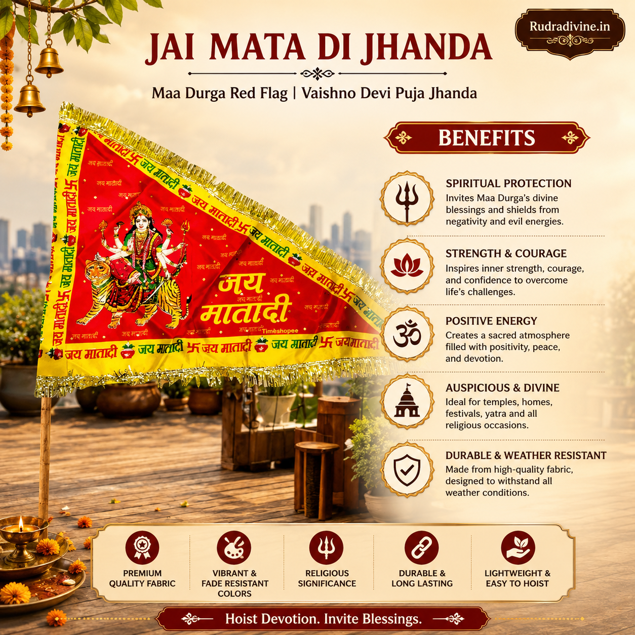 Jai Mata Di Jhanda featuring Maa Durga Red Flag devotional design by Rudradivine, suitable for Vaishno Devi puja, home temple, mandir, religious events, festivals, and devotional decoration.